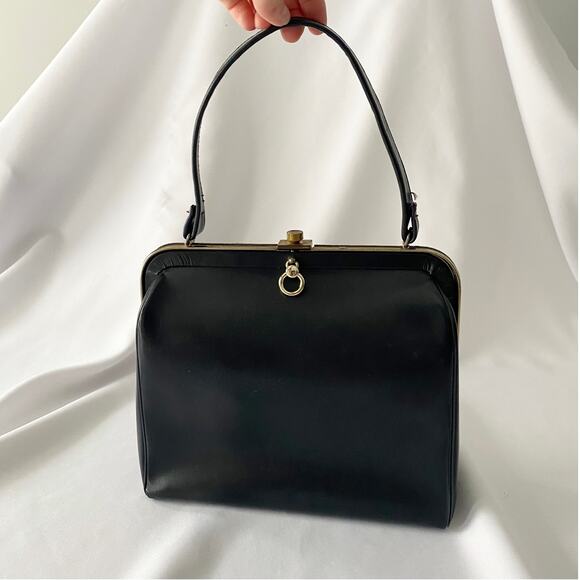 Vintage Black Leather Handbag - Retro Structured Top Handle Purse - Picture 1 of 12